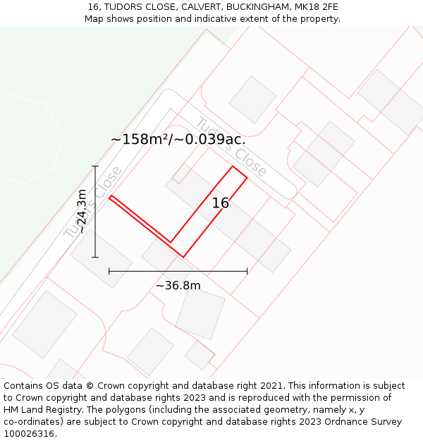 16, TUDORS CLOSE, CALVERT, BUCKINGHAM, MK18 2FE: Plot and title map