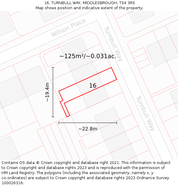 16, TURNBULL WAY, MIDDLESBROUGH, TS4 3RS: Plot and title map