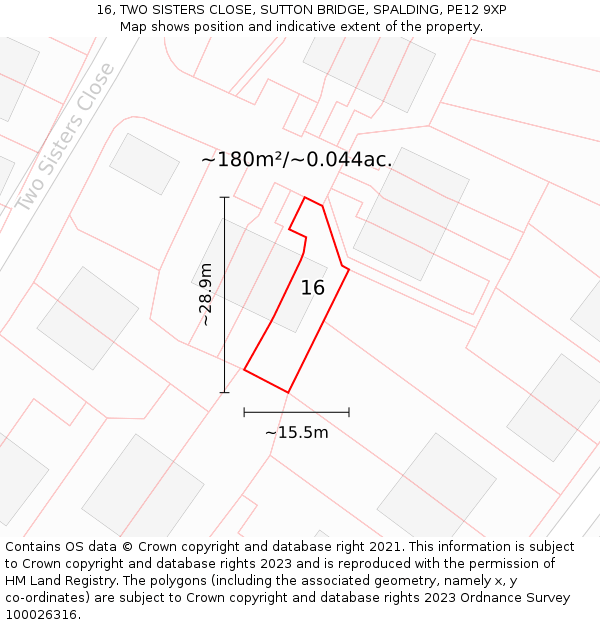 16, TWO SISTERS CLOSE, SUTTON BRIDGE, SPALDING, PE12 9XP: Plot and title map