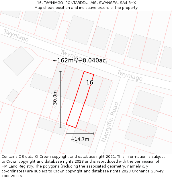 16, TWYNIAGO, PONTARDDULAIS, SWANSEA, SA4 8HX: Plot and title map