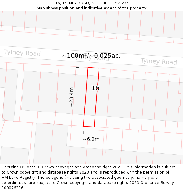 16, TYLNEY ROAD, SHEFFIELD, S2 2RY: Plot and title map