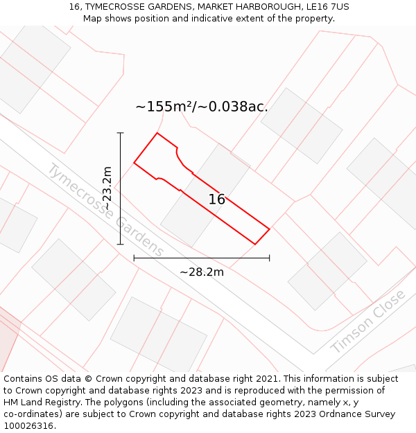 16, TYMECROSSE GARDENS, MARKET HARBOROUGH, LE16 7US: Plot and title map