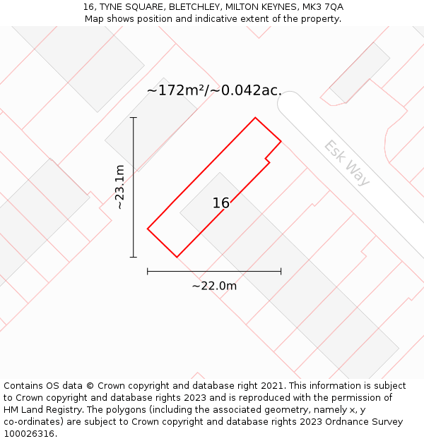 16, TYNE SQUARE, BLETCHLEY, MILTON KEYNES, MK3 7QA: Plot and title map