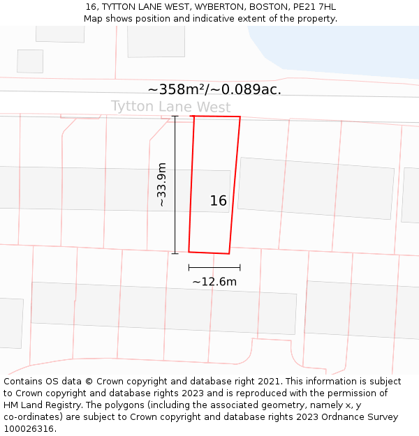 16, TYTTON LANE WEST, WYBERTON, BOSTON, PE21 7HL: Plot and title map