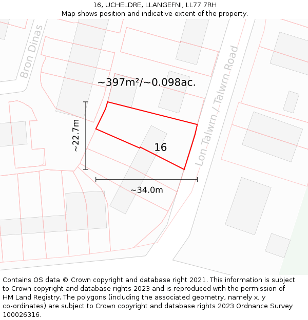 16, UCHELDRE, LLANGEFNI, LL77 7RH: Plot and title map