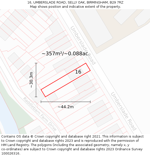 16, UMBERSLADE ROAD, SELLY OAK, BIRMINGHAM, B29 7RZ: Plot and title map