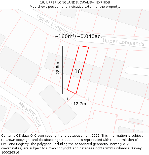 16, UPPER LONGLANDS, DAWLISH, EX7 9DB: Plot and title map