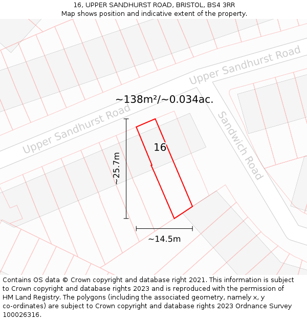 16, UPPER SANDHURST ROAD, BRISTOL, BS4 3RR: Plot and title map