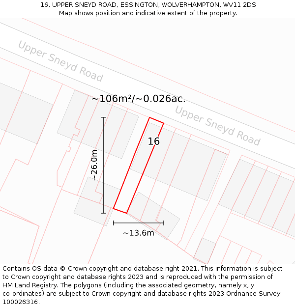 16, UPPER SNEYD ROAD, ESSINGTON, WOLVERHAMPTON, WV11 2DS: Plot and title map