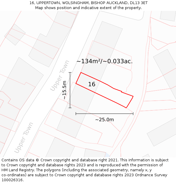 16, UPPERTOWN, WOLSINGHAM, BISHOP AUCKLAND, DL13 3ET: Plot and title map