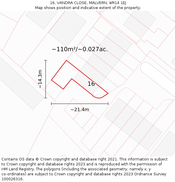 16, VANDRA CLOSE, MALVERN, WR14 1EJ: Plot and title map
