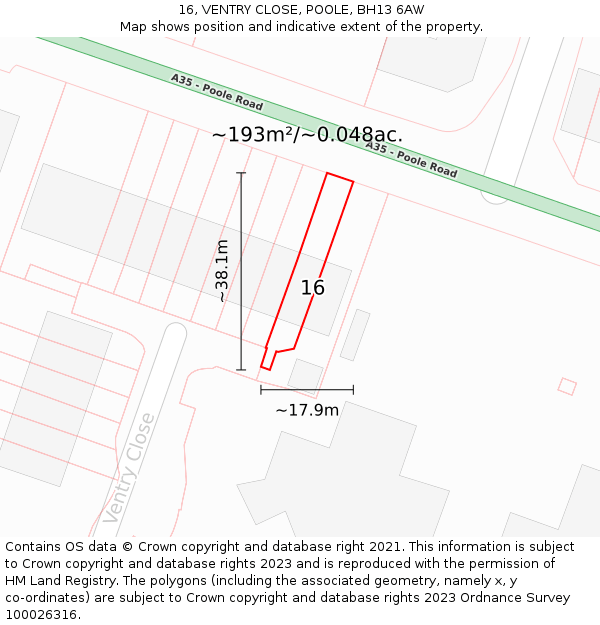 16, VENTRY CLOSE, POOLE, BH13 6AW: Plot and title map