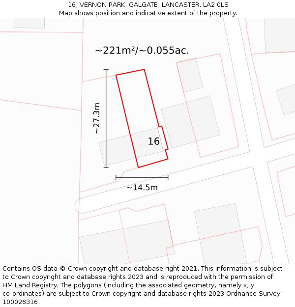 16, VERNON PARK, GALGATE, LANCASTER, LA2 0LS: Plot and title map