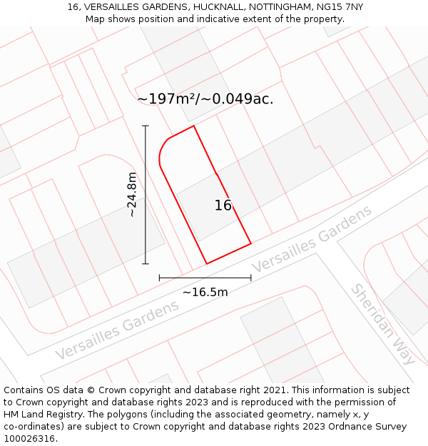 16, VERSAILLES GARDENS, HUCKNALL, NOTTINGHAM, NG15 7NY: Plot and title map