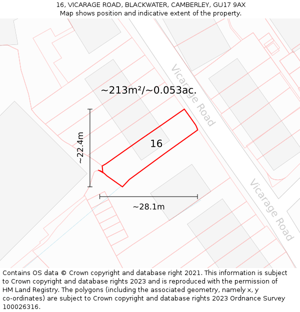 16, VICARAGE ROAD, BLACKWATER, CAMBERLEY, GU17 9AX: Plot and title map