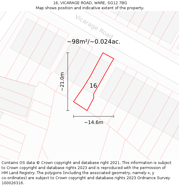16, VICARAGE ROAD, WARE, SG12 7BG: Plot and title map