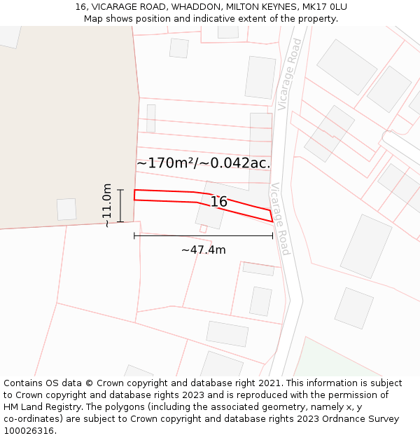 16, VICARAGE ROAD, WHADDON, MILTON KEYNES, MK17 0LU: Plot and title map