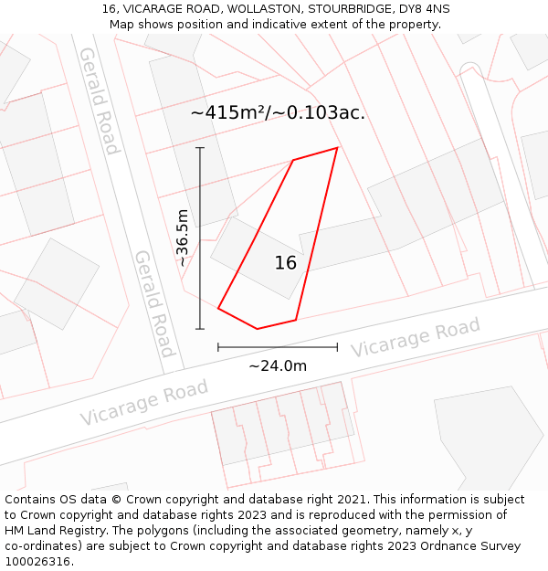 16, VICARAGE ROAD, WOLLASTON, STOURBRIDGE, DY8 4NS: Plot and title map