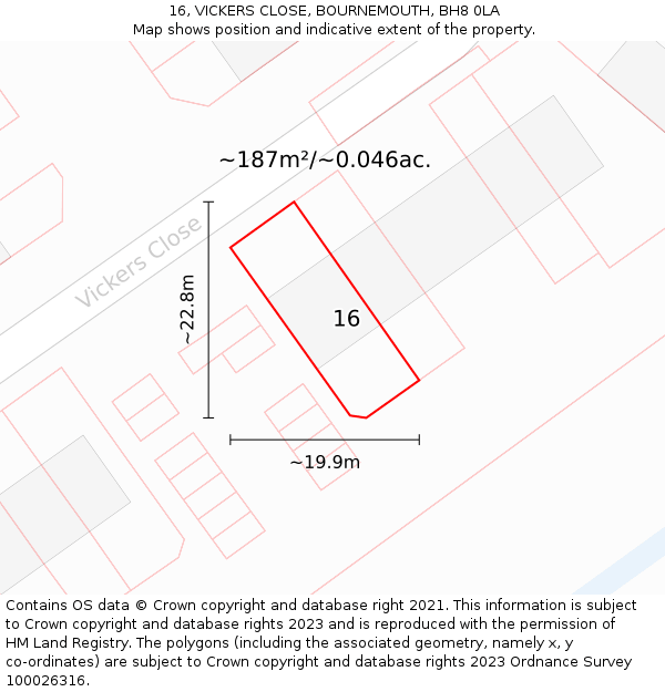 16, VICKERS CLOSE, BOURNEMOUTH, BH8 0LA: Plot and title map