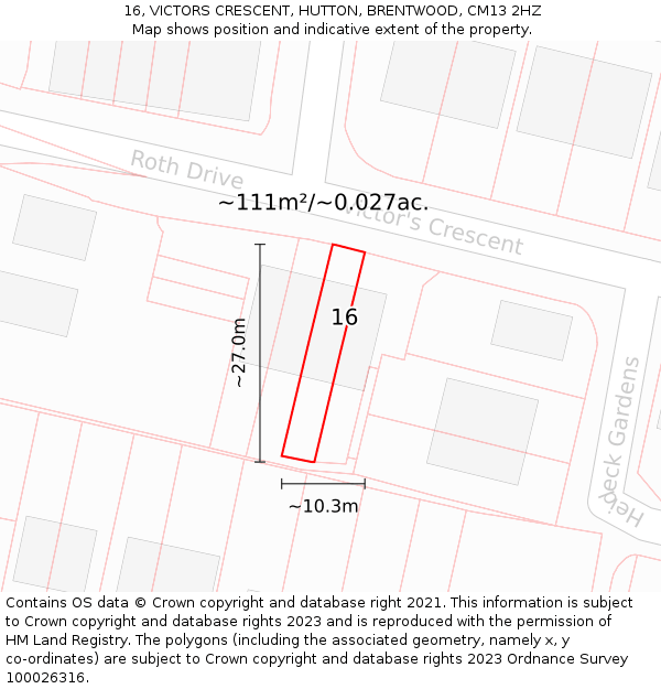 16, VICTORS CRESCENT, HUTTON, BRENTWOOD, CM13 2HZ: Plot and title map