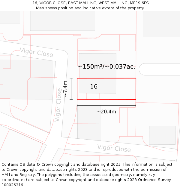 16, VIGOR CLOSE, EAST MALLING, WEST MALLING, ME19 6FS: Plot and title map