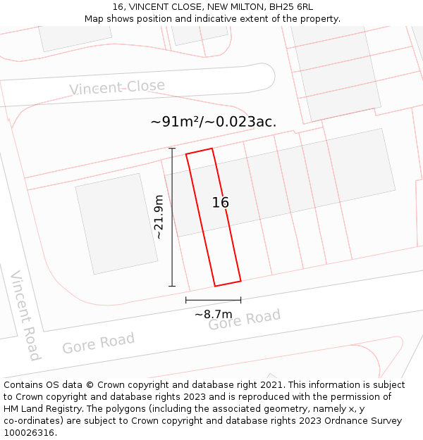 16, VINCENT CLOSE, NEW MILTON, BH25 6RL: Plot and title map
