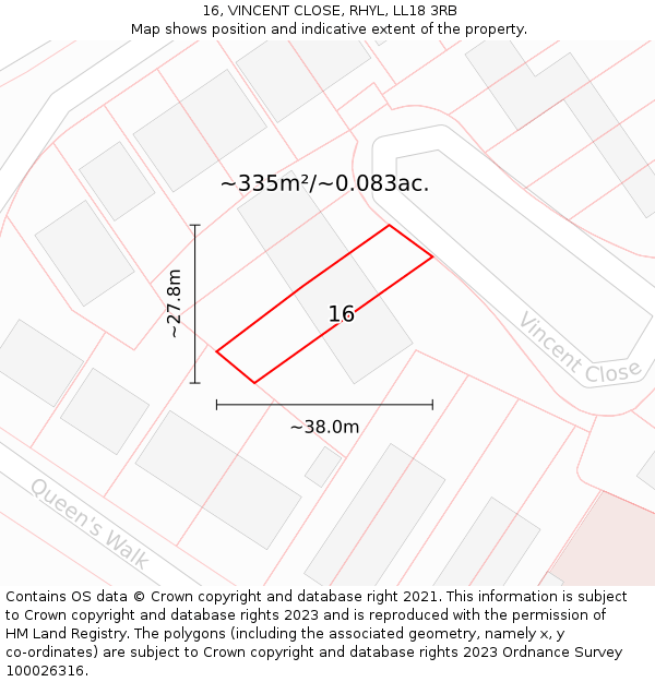 16, VINCENT CLOSE, RHYL, LL18 3RB: Plot and title map