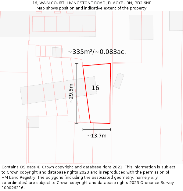 16, WAIN COURT, LIVINGSTONE ROAD, BLACKBURN, BB2 6NE: Plot and title map