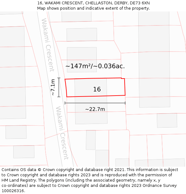 16, WAKAMI CRESCENT, CHELLASTON, DERBY, DE73 6XN: Plot and title map