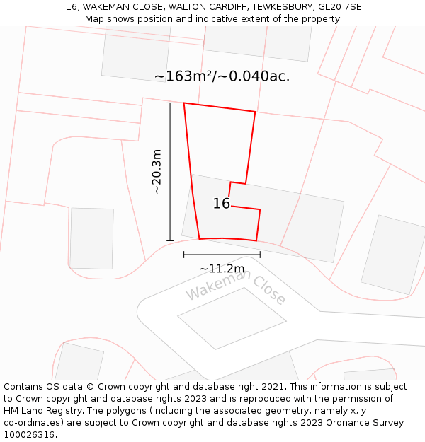 16, WAKEMAN CLOSE, WALTON CARDIFF, TEWKESBURY, GL20 7SE: Plot and title map