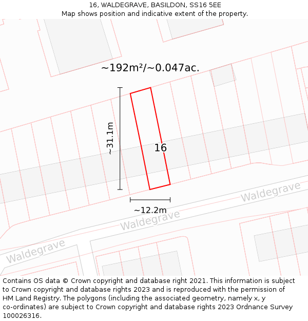 16, WALDEGRAVE, BASILDON, SS16 5EE: Plot and title map