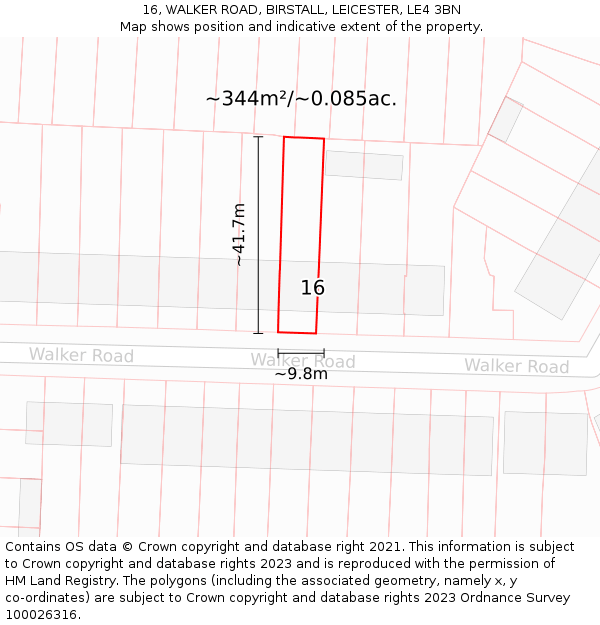 16, WALKER ROAD, BIRSTALL, LEICESTER, LE4 3BN: Plot and title map