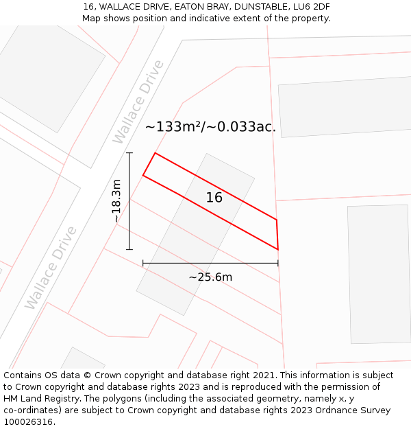 16, WALLACE DRIVE, EATON BRAY, DUNSTABLE, LU6 2DF: Plot and title map