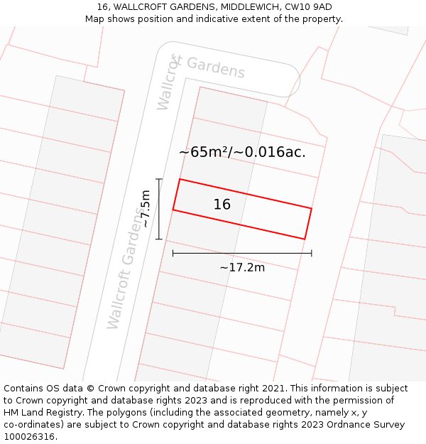 16, WALLCROFT GARDENS, MIDDLEWICH, CW10 9AD: Plot and title map