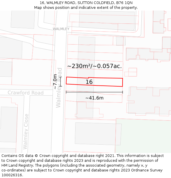 16, WALMLEY ROAD, SUTTON COLDFIELD, B76 1QN: Plot and title map