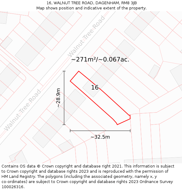 16, WALNUT TREE ROAD, DAGENHAM, RM8 3JB: Plot and title map