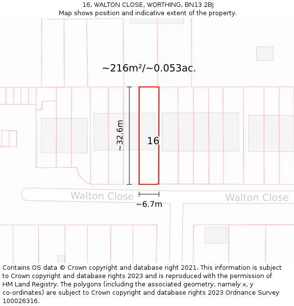16, WALTON CLOSE, WORTHING, BN13 2BJ: Plot and title map
