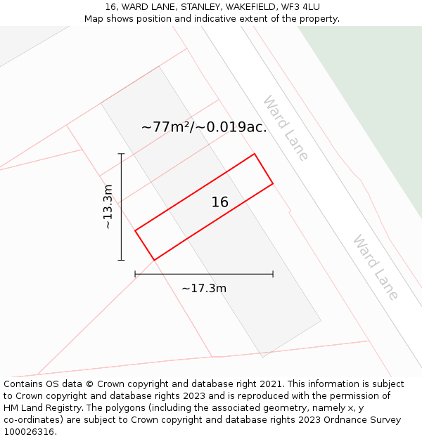 16, WARD LANE, STANLEY, WAKEFIELD, WF3 4LU: Plot and title map