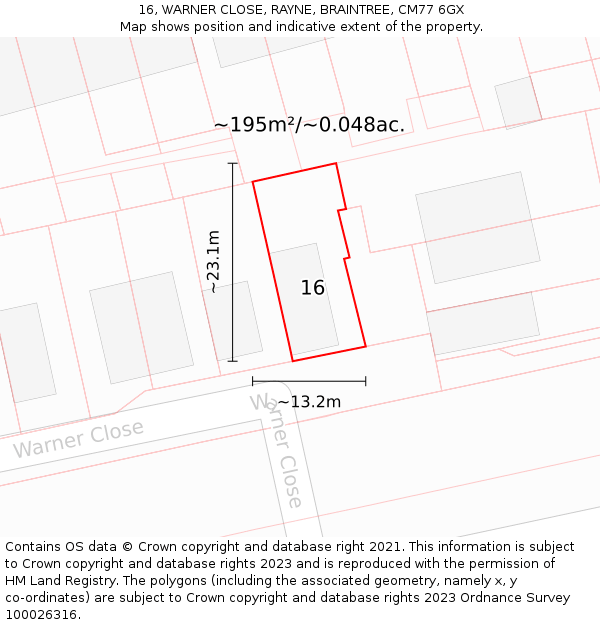 16, WARNER CLOSE, RAYNE, BRAINTREE, CM77 6GX: Plot and title map