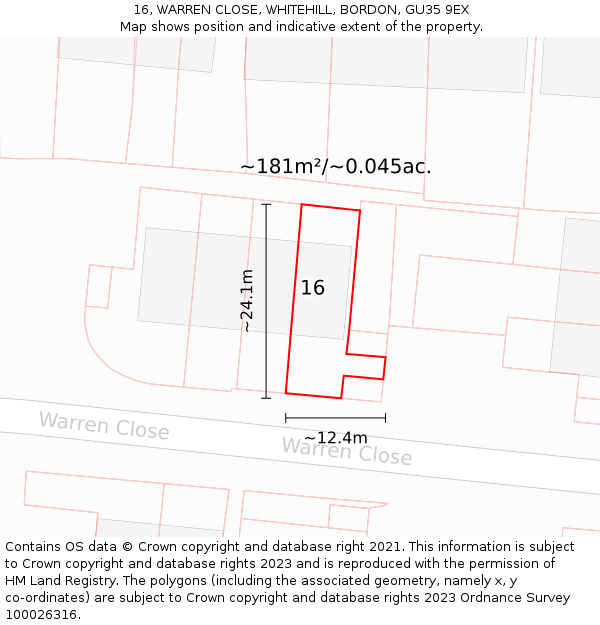 16, WARREN CLOSE, WHITEHILL, BORDON, GU35 9EX: Plot and title map