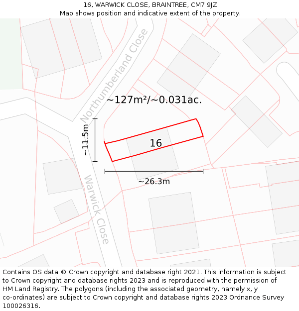 16, WARWICK CLOSE, BRAINTREE, CM7 9JZ: Plot and title map
