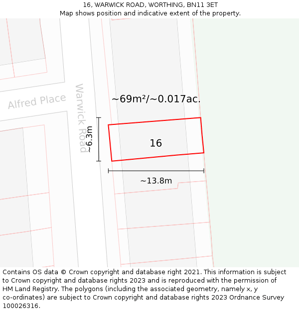 16, WARWICK ROAD, WORTHING, BN11 3ET: Plot and title map