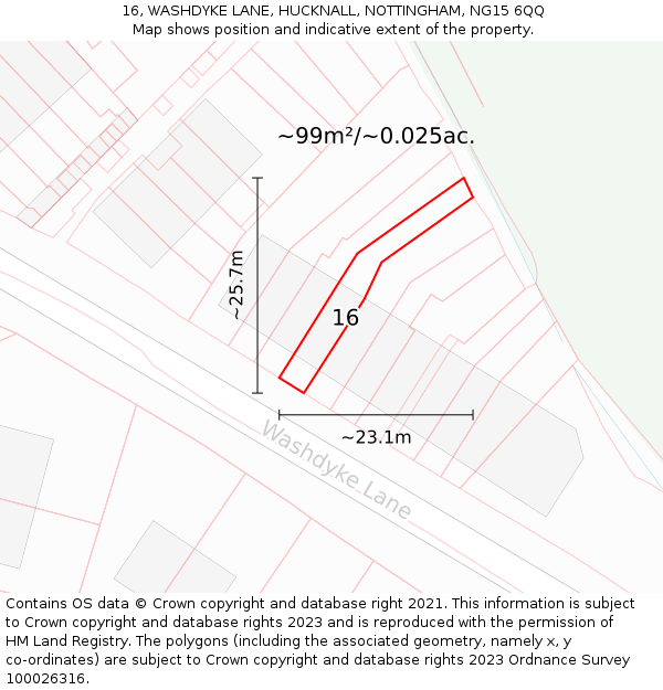 16, WASHDYKE LANE, HUCKNALL, NOTTINGHAM, NG15 6QQ: Plot and title map