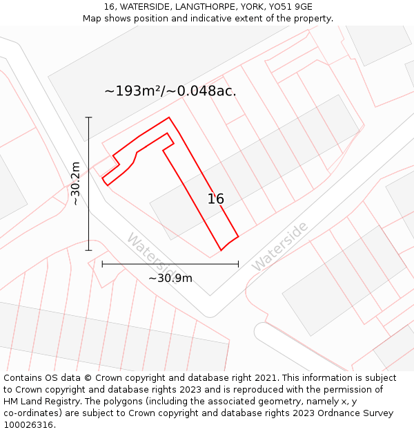 16, WATERSIDE, LANGTHORPE, YORK, YO51 9GE: Plot and title map