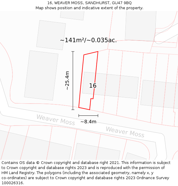 16, WEAVER MOSS, SANDHURST, GU47 9BQ: Plot and title map