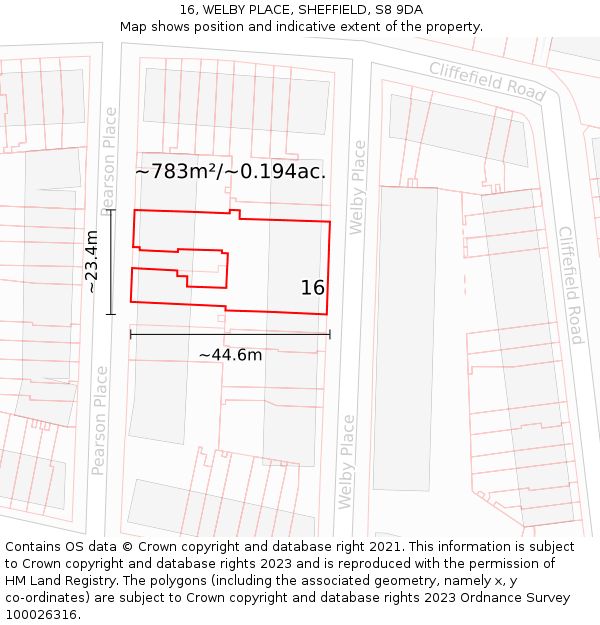 16, WELBY PLACE, SHEFFIELD, S8 9DA: Plot and title map