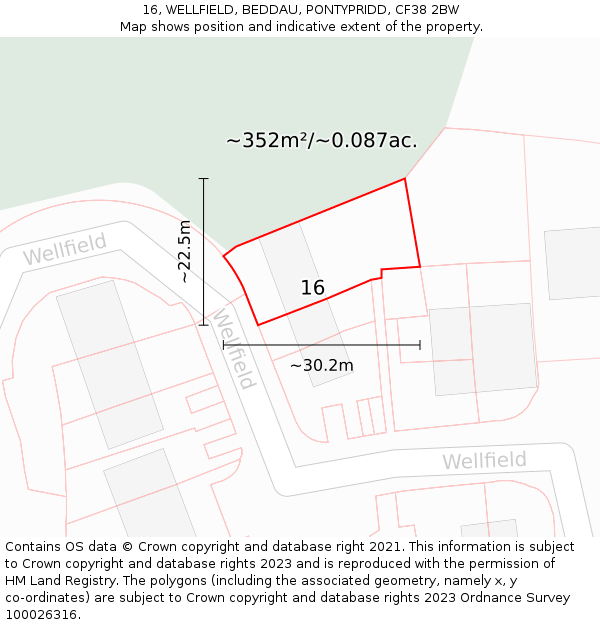 16, WELLFIELD, BEDDAU, PONTYPRIDD, CF38 2BW: Plot and title map