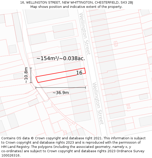 16, WELLINGTON STREET, NEW WHITTINGTON, CHESTERFIELD, S43 2BJ: Plot and title map