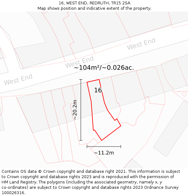 16, WEST END, REDRUTH, TR15 2SA: Plot and title map