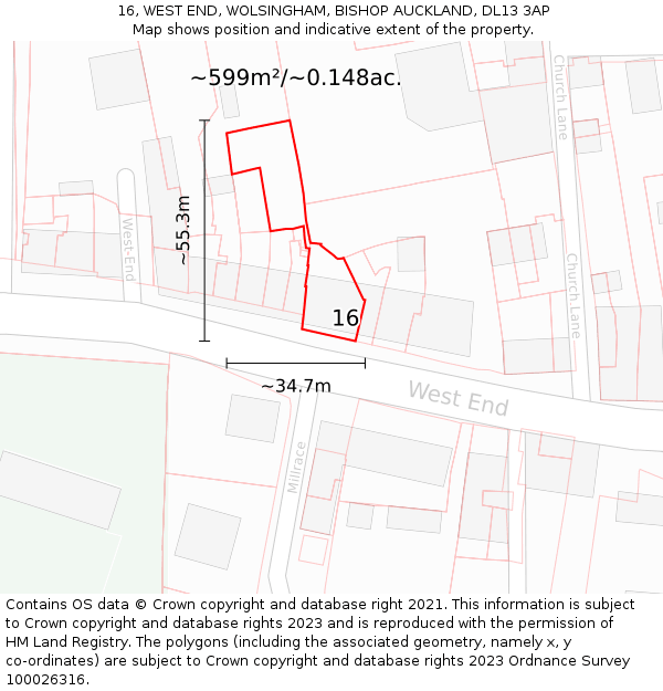 16, WEST END, WOLSINGHAM, BISHOP AUCKLAND, DL13 3AP: Plot and title map